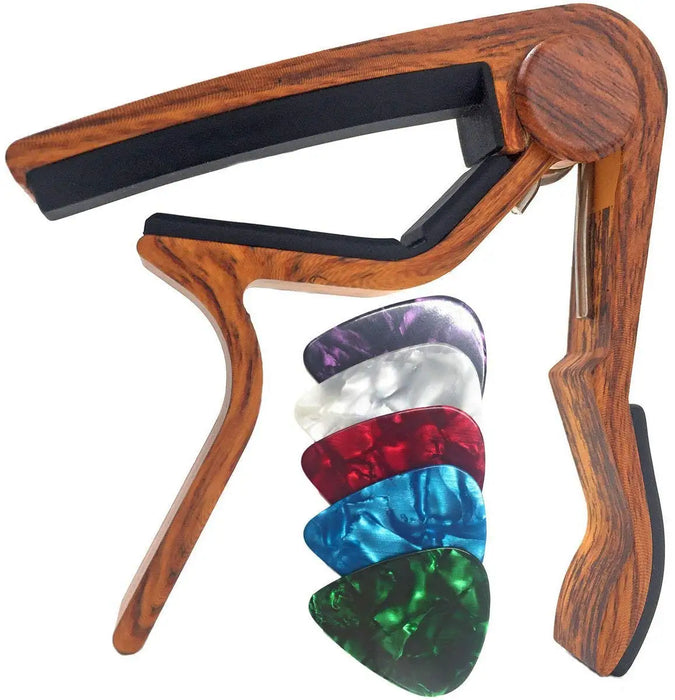Rosewood Guitar Capo With 5 Colour Picks For Acoustic / Electric
