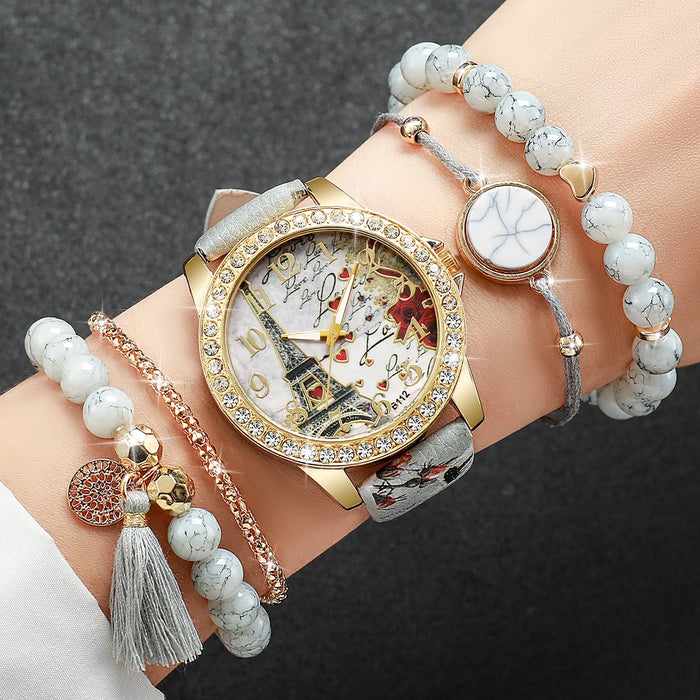 5 Piece Floral Leather Quartz Watch Set - Without Box