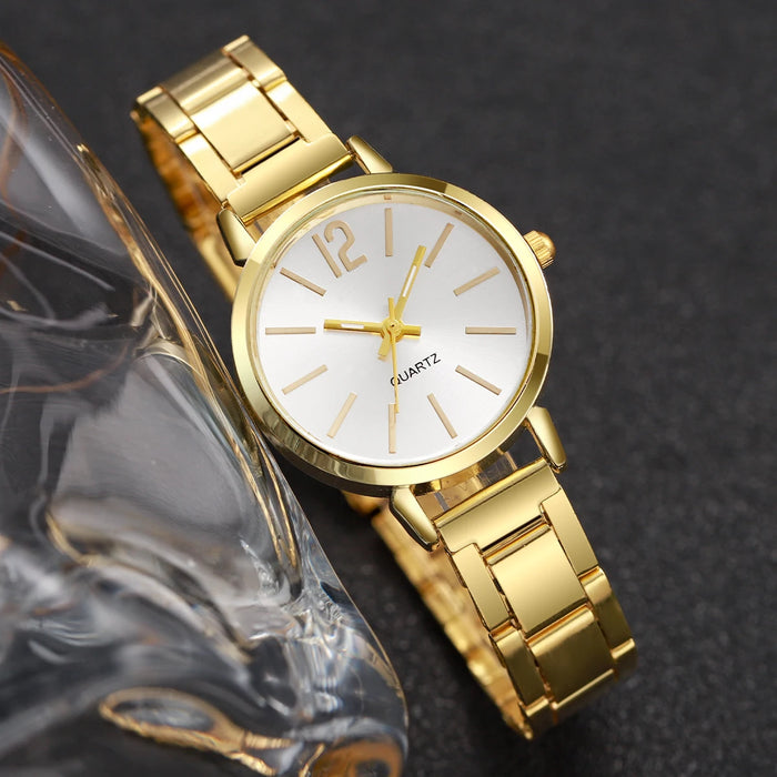 2 Piece Gold Steel Band Watch Bracelet Set for Women