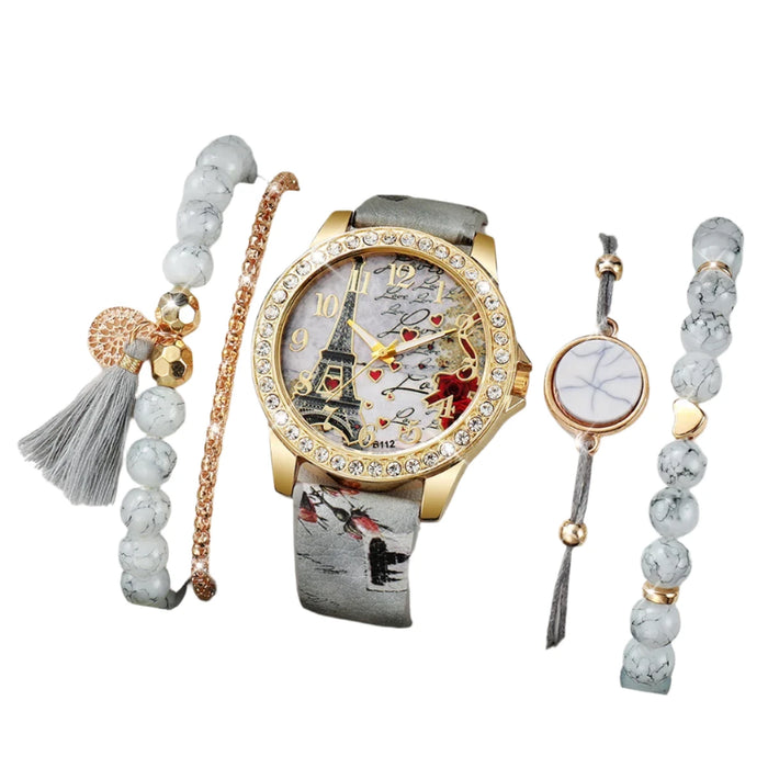 5 Piece Floral Leather Quartz Watch Set - Without Box