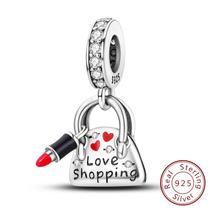 925 Sterling Silver Lipstick Shopping Bag Charm Pendant For Women Diy Gift