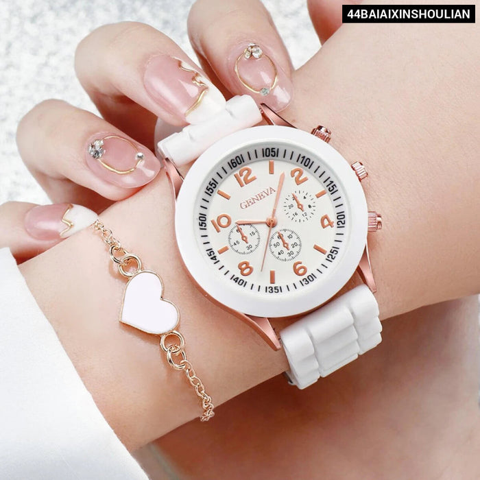 2 Piece Fashion Watch Bracelet Set Silicone Band Quartz Movement