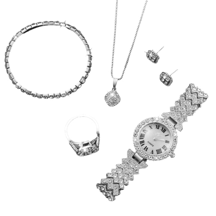 6 Piece Rhinestone Dial Steel Band Quartz Watch Set - Without Box