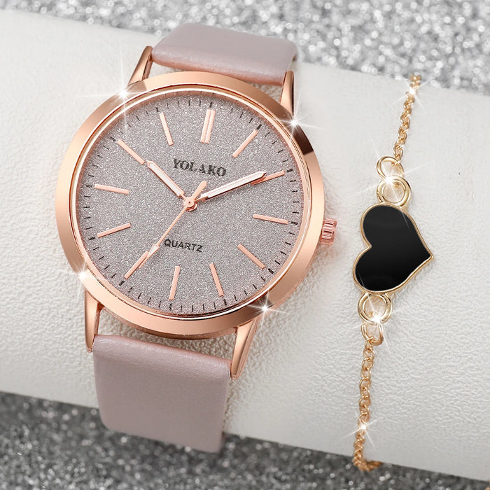 2 Piece Casual Quartz Watch PU Leather Strap Heart Bracelet