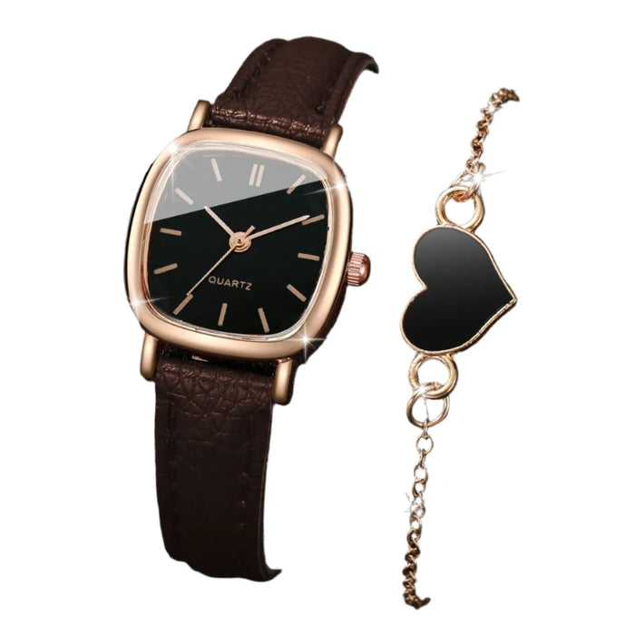 2 Piece Square Leather Band Watch Bracelet Set