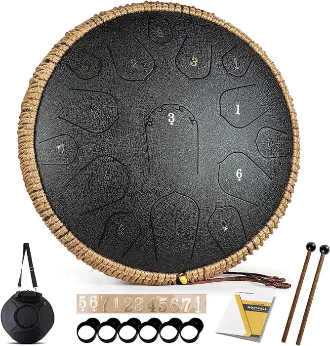 15 Tone 14 Inch D Tone Hand Plate Sanskrit Professional Black Steel Tongue Drum For Yoga & Meditation