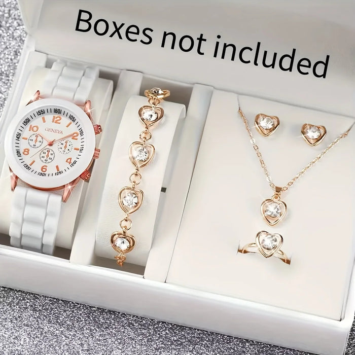 6 Piece Quartz Watch Set Rhinestone Heart Jewelry - Without Box