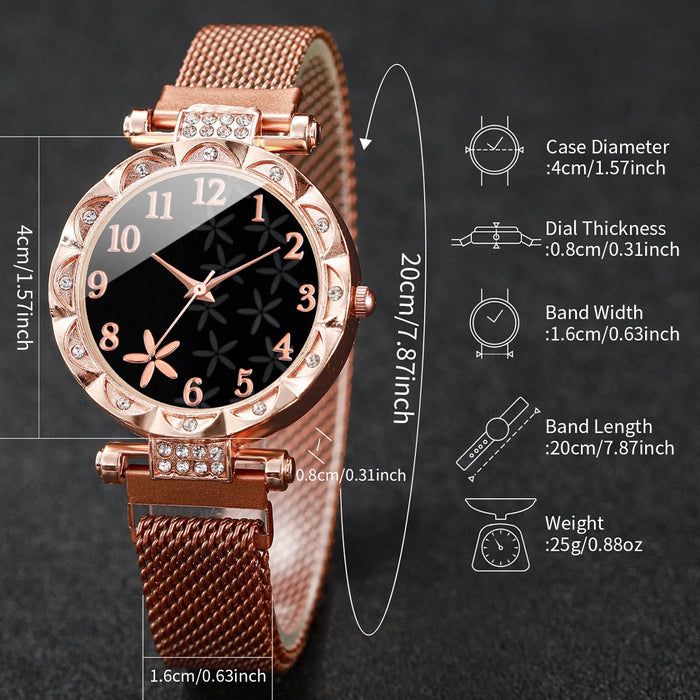 Flower Dial Watch Set Magnet Buckle Mesh Band