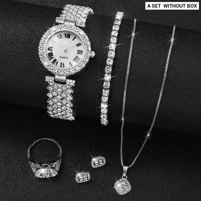 6 Piece Rhinestone Dial Steel Band Quartz Watch Set - Without Box