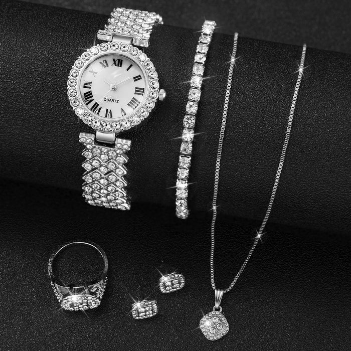 6 Piece Rhinestone Dial Steel Band Quartz Watch Set - Without Box