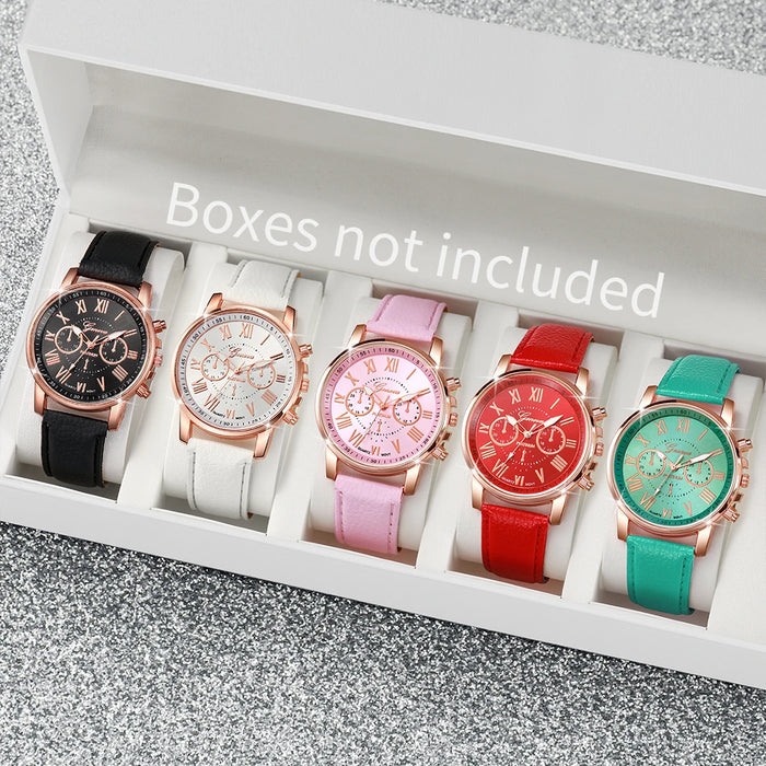 5 Piece Fashion Leather Band Quartz Watch Set