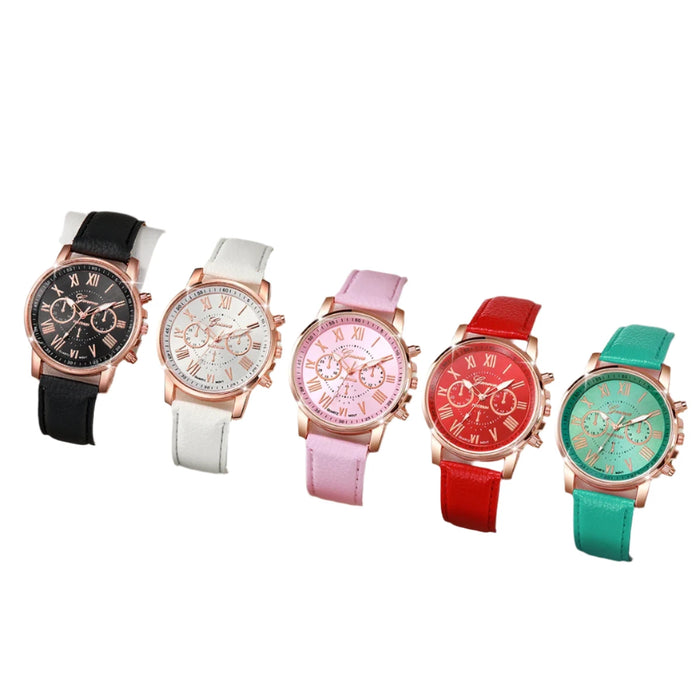 5 Piece Fashion Leather Band Quartz Watch Set