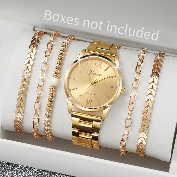 6 Piece Gold Steel Band Quartz Watch Set - Without Box