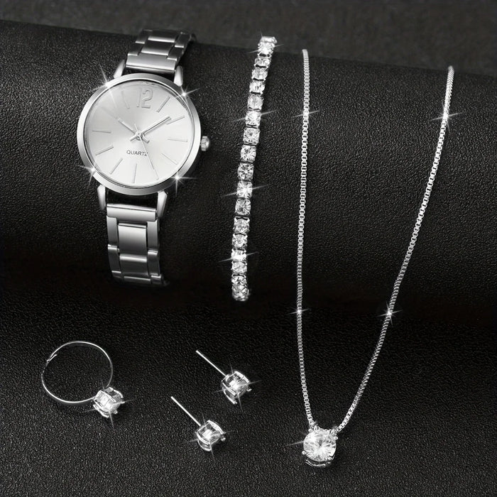 6 Piece Stainless Steel Quartz Watch Set Diamond Accents - Without Box