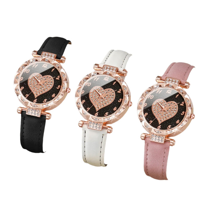 3 Piece Rhinestone Heart Dial Watch Set for Women