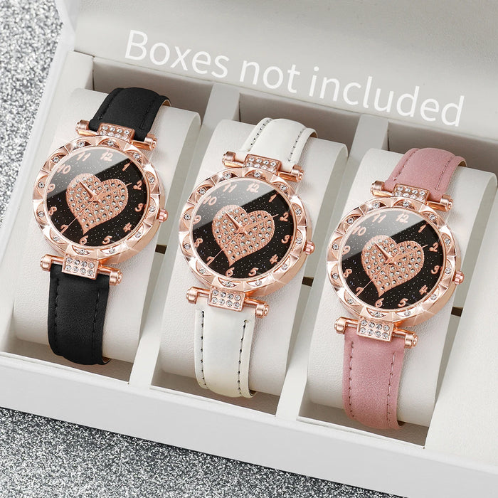 3 Piece Rhinestone Heart Dial Watch Set for Women