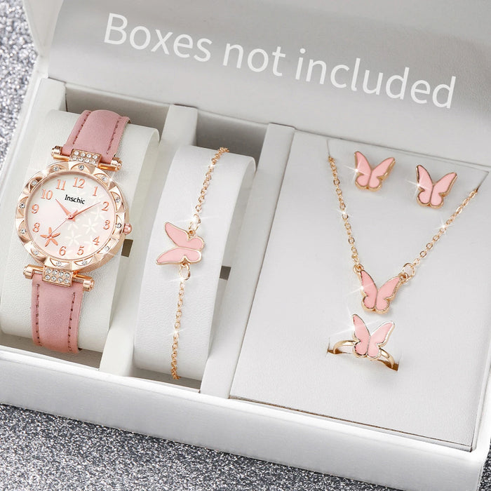 6 Piece Floral Leather Band Watch Set - Without Box