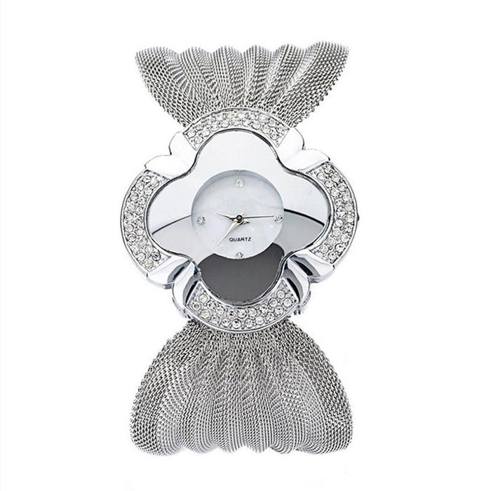 Flower Shape Mirror Dial Diamond Grid Strap Quartz Watch For Women Silver