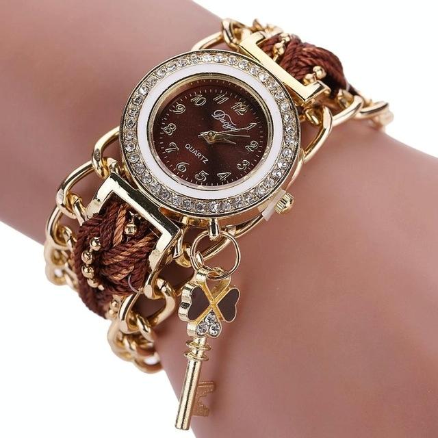 Women Round Dial Diamond Braided Hand Strap Quartz Watch With Key Pendant