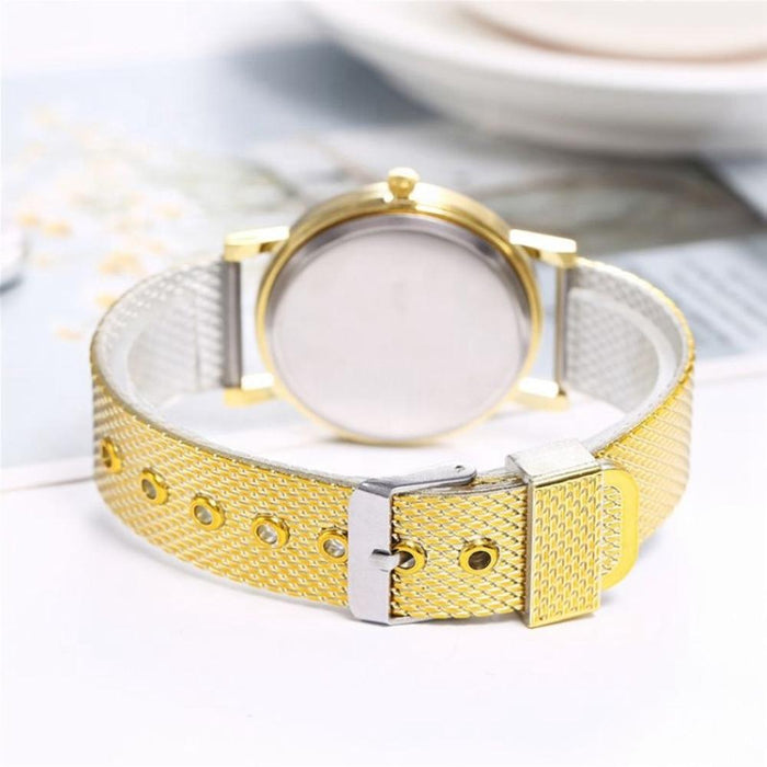 Golden Alloy Mesh Belt Double Heart Watch For Women Gold