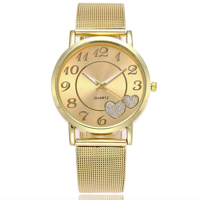 Golden Alloy Mesh Belt Double Heart Watch For Women Gold