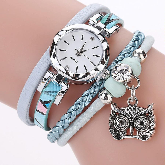 Women Small Dial Circle Owl Pendant Bracelet Watch