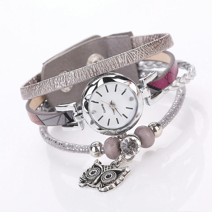 Women Small Dial Circle Owl Pendant Bracelet Watch