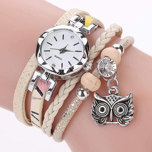 Women Small Dial Circle Owl Pendant Bracelet Watch