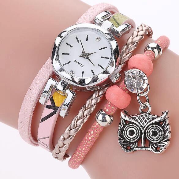 Women Small Dial Circle Owl Pendant Bracelet Watch