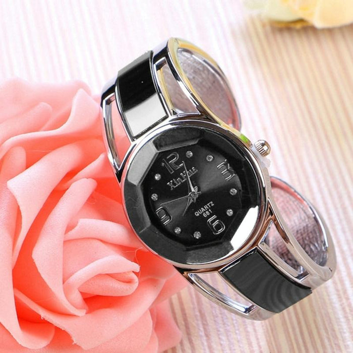 Women Diamond Mirror Surface Hollow Stainless Steel Bracelet Quartz Watch