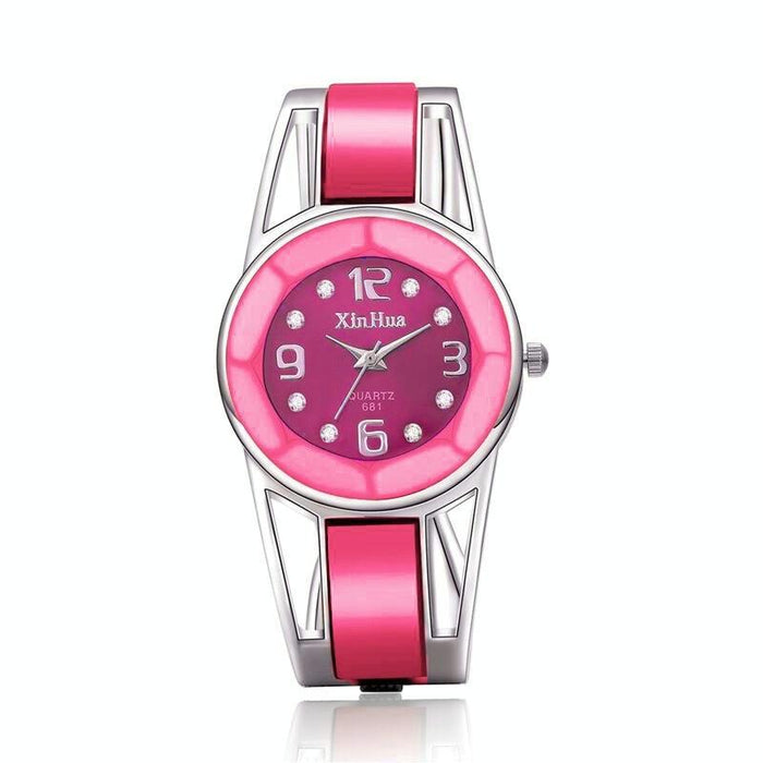 Women Diamond Mirror Surface Hollow Stainless Steel Bracelet Quartz Watch