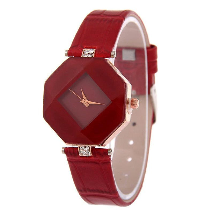 Gem Cut Geometry Crystal Leather Quartz Watch For Women