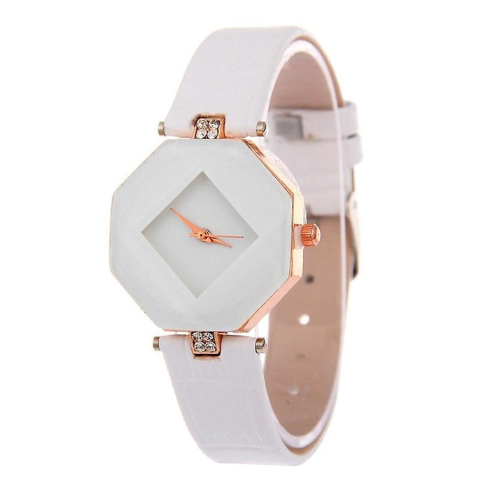 Gem Cut Geometry Crystal Leather Quartz Watch For Women