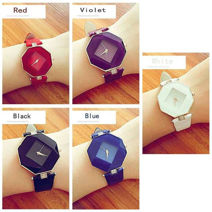 Gem Cut Geometry Crystal Leather Quartz Watch For Women