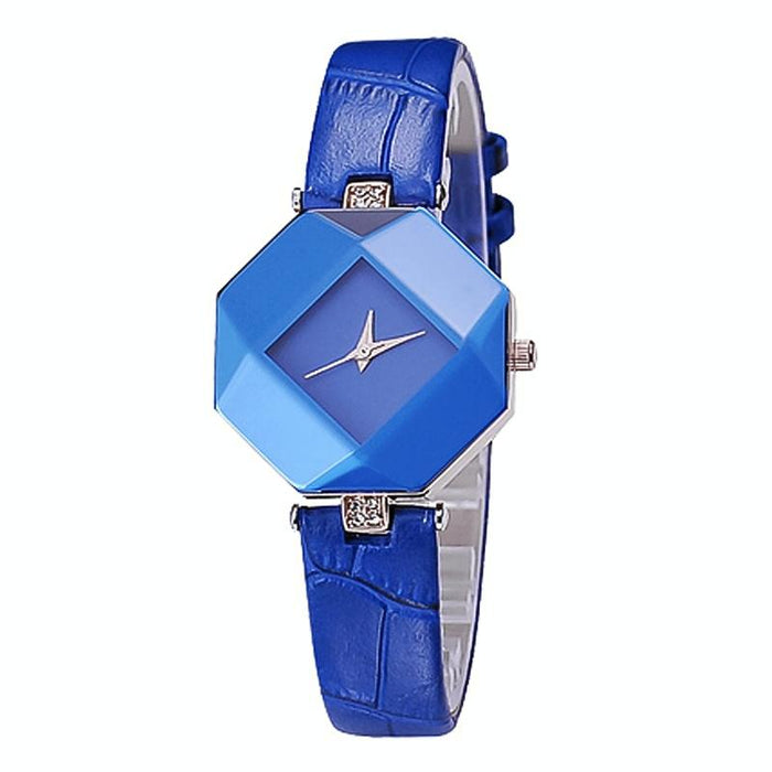 Gem Cut Geometry Crystal Leather Quartz Watch For Women