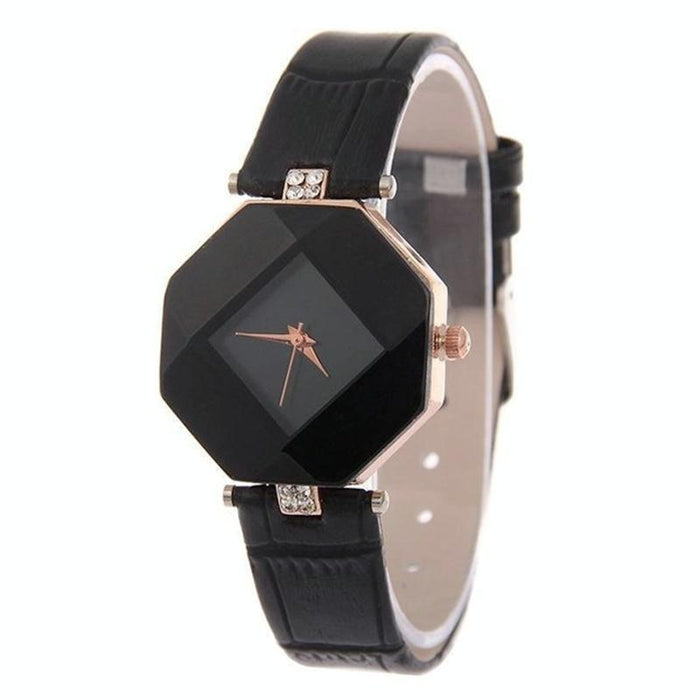 Gem Cut Geometry Crystal Leather Quartz Watch For Women