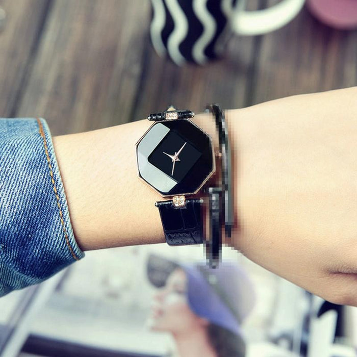 Gem Cut Geometry Crystal Leather Quartz Watch For Women