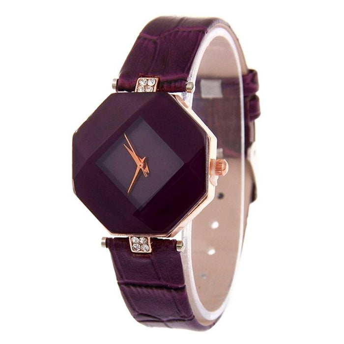 Gem Cut Geometry Crystal Leather Quartz Watch For Women