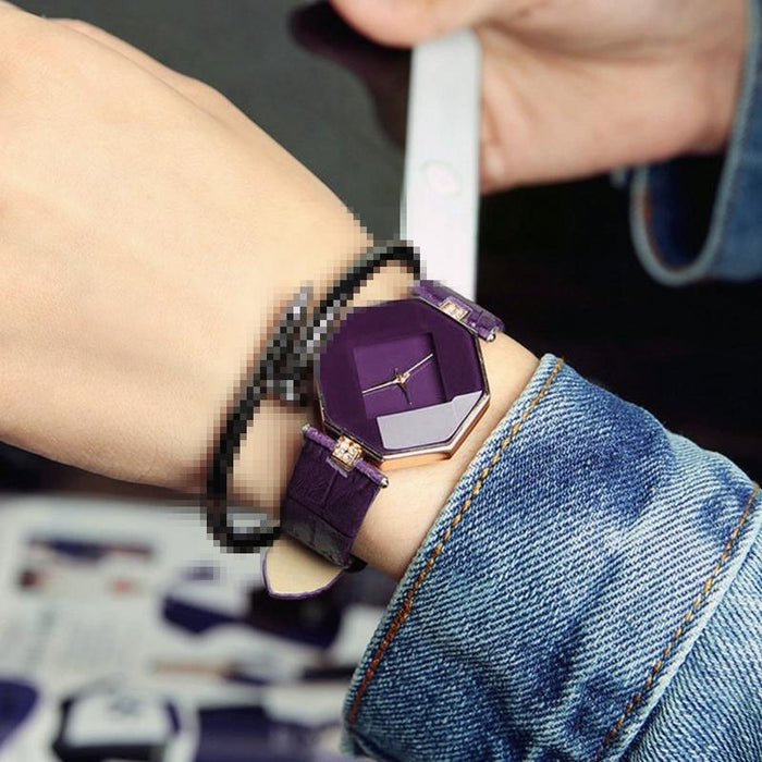 Gem Cut Geometry Crystal Leather Quartz Watch For Women