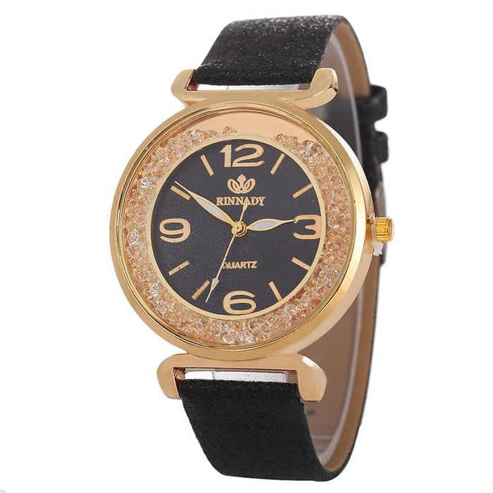 Women Rhinestone Gold Powder Pu Leather Strap Quartz Watch