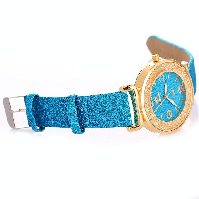 Women Rhinestone Gold Powder Pu Leather Strap Quartz Watch