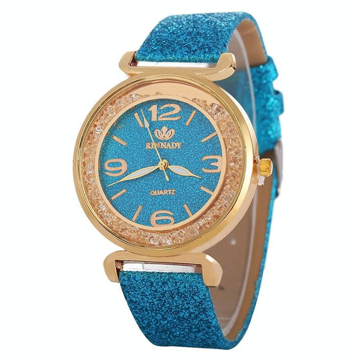 Women Rhinestone Gold Powder Pu Leather Strap Quartz Watch