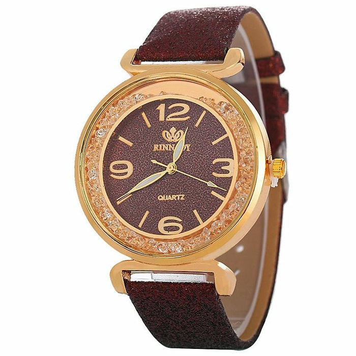 Women Rhinestone Gold Powder Pu Leather Strap Quartz Watch