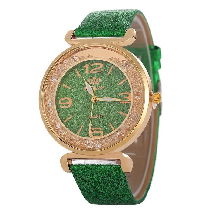 Women Rhinestone Gold Powder Pu Leather Strap Quartz Watch