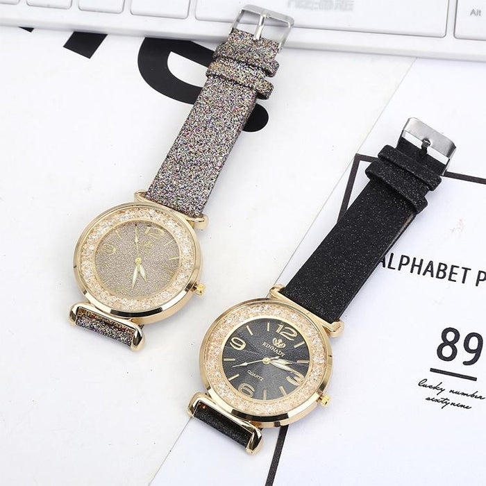 Women Rhinestone Gold Powder Pu Leather Strap Quartz Watch