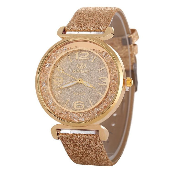 Women Rhinestone Gold Powder Pu Leather Strap Quartz Watch