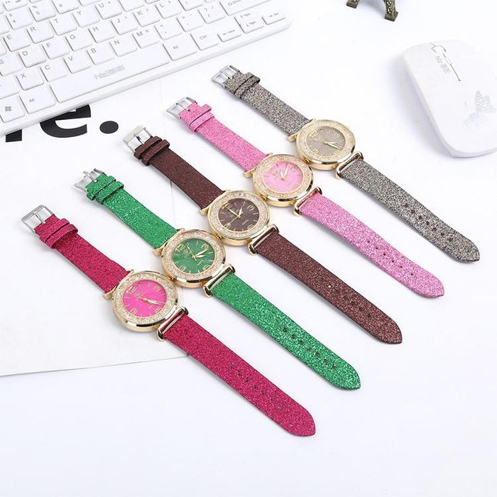 Women Rhinestone Gold Powder Pu Leather Strap Quartz Watch