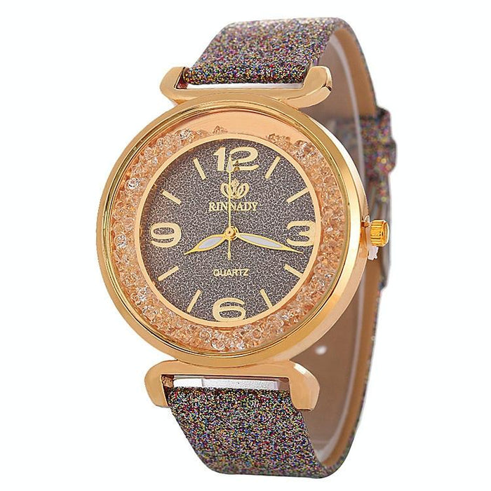 Women Rhinestone Gold Powder Pu Leather Strap Quartz Watch