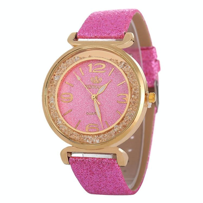 Women Rhinestone Gold Powder Pu Leather Strap Quartz Watch