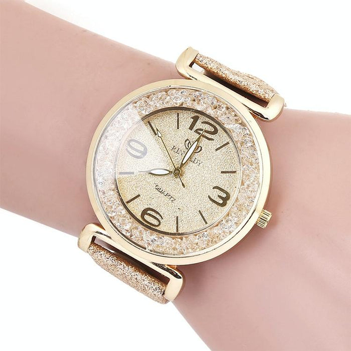 Women Rhinestone Gold Powder Pu Leather Strap Quartz Watch